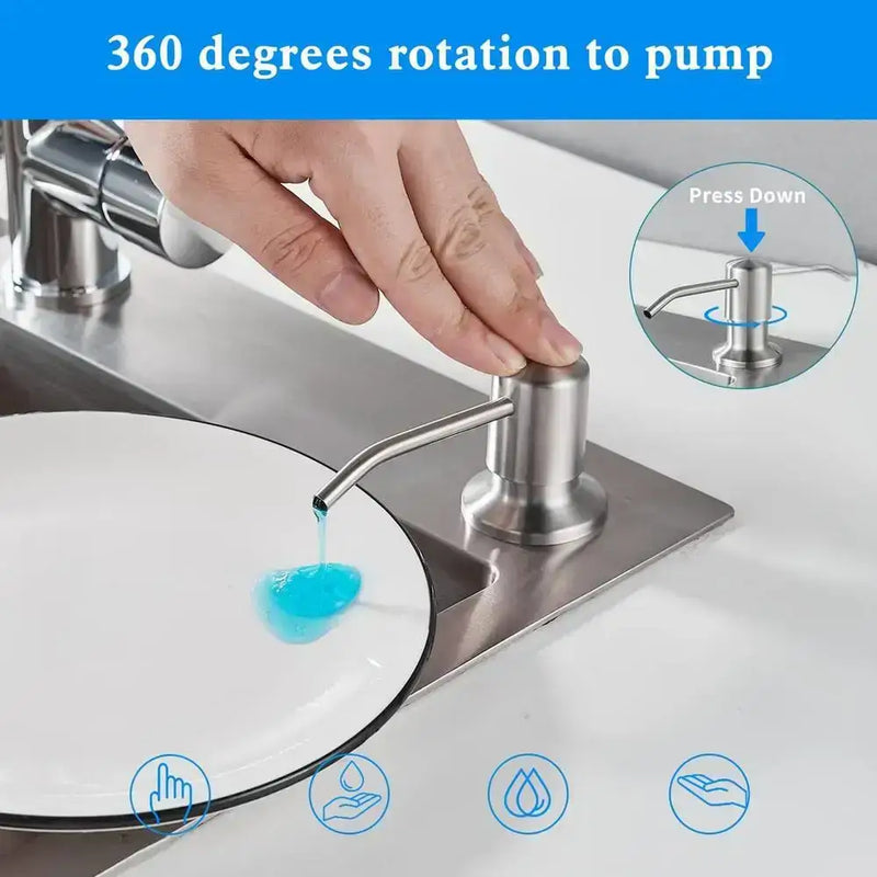 Stainless Steel Kitchen Sink Soap Dispenser with 360-Degree Rotating Pump Mechanism