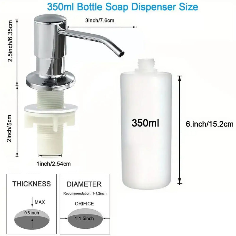 Stainless Steel Kitchen Sink Soap Dispenser with refill bottle and size specifications