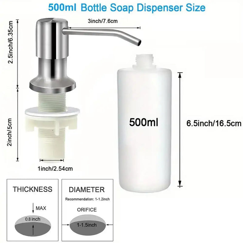 Stainless steel kitchen sink soap dispenser with white refill bottle and size specifications