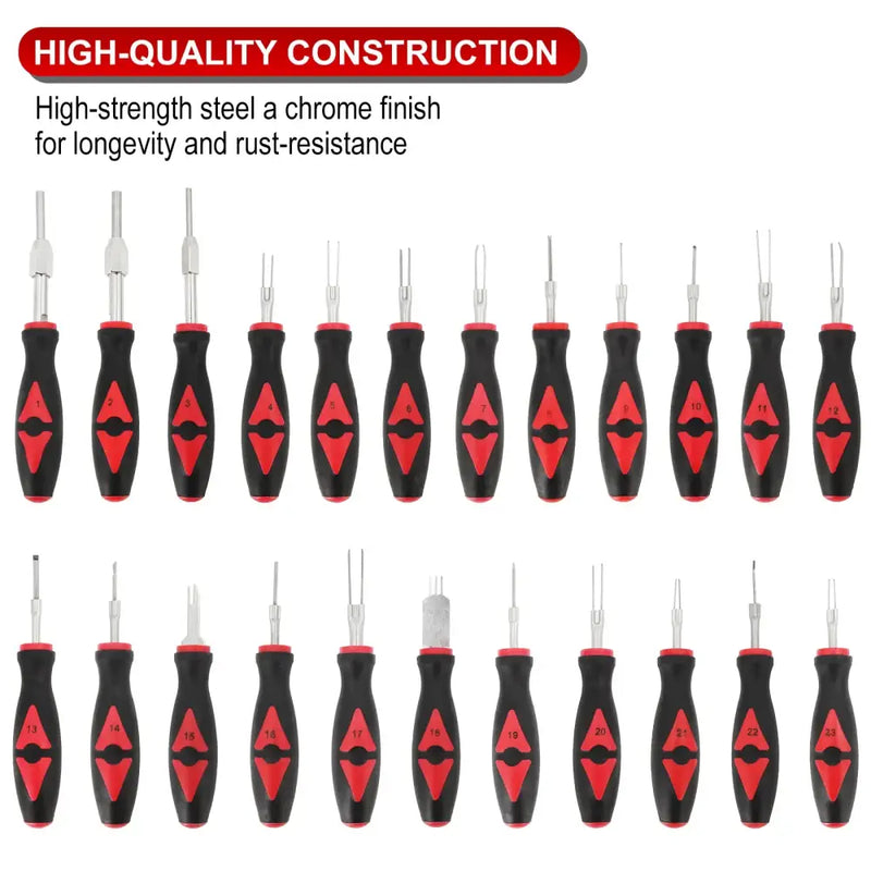 Set of screwdrivers with black and red handles, featuring Stainless Steel certification