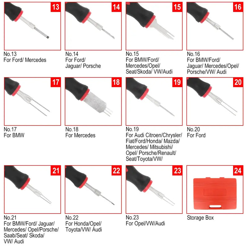 Collection of lock pick tools for various car brands, made from NoEnName Null Stainless Steel