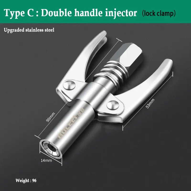 Double-handled stainless steel injector with lock clamp mechanism for grease guns