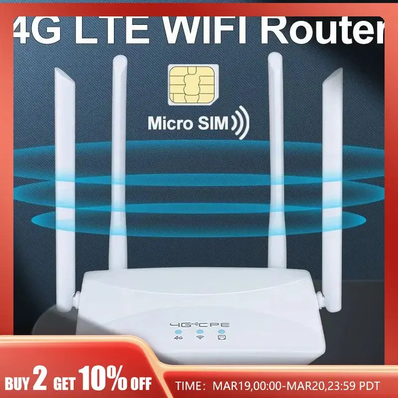 4G LTE WiFi router with four antennas for reliable wireless connectivity and 150Mbps speed