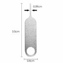 Thin metal bottle opener for SIM card tray with measurements indicated for precision use