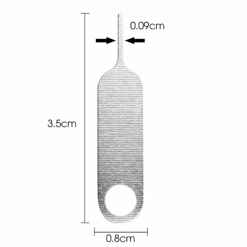 Thin metal bottle opener for SIM card tray with measurements indicated for precision use