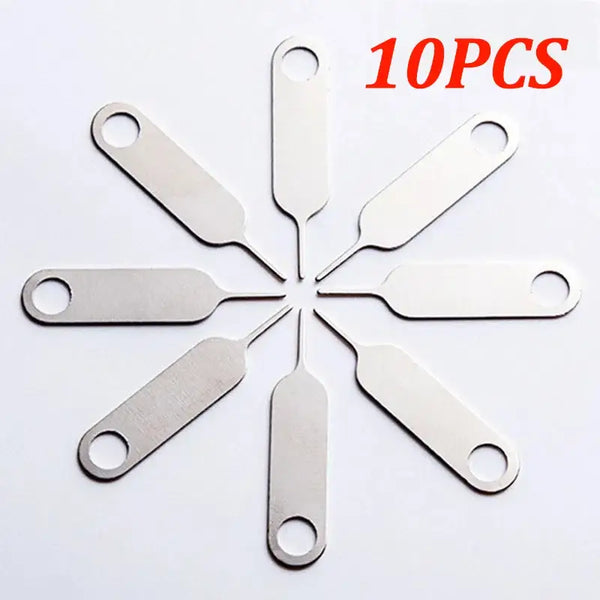 Set of ten metal SIM card ejector tools arranged for NoEnName_Null Steel SIM card tray