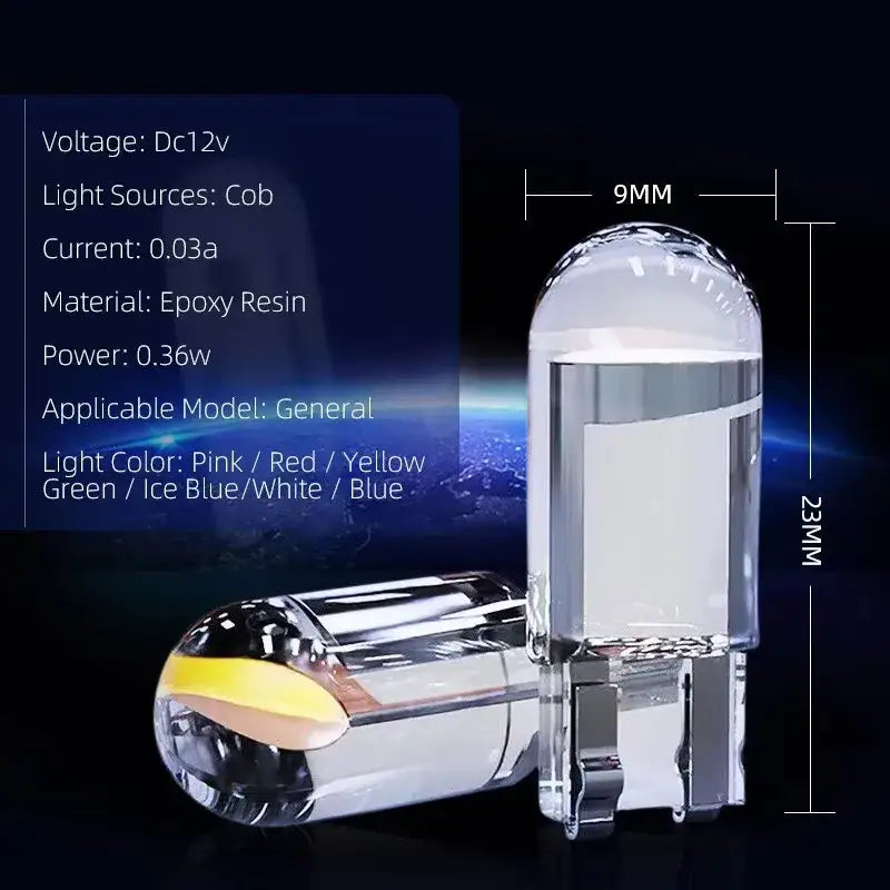 LED T10 W5W clearance lights with transparent dome and metallic base for enhanced visibility