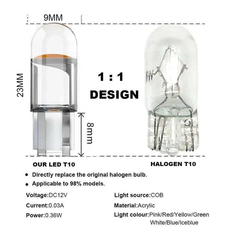 Comparison diagram of LED T10 W5W and halogen bulbs for clearance lights specifications