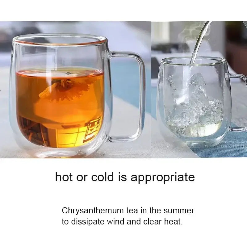 Two transparent double wall glass cups, one with hot chrysanthemum tea and one with ice water