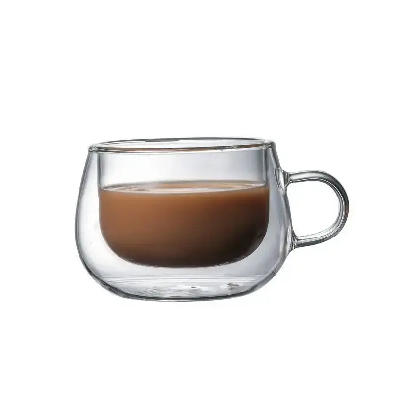 Transparent double wall glass cup showcasing brown coffee beverage for hot drinks