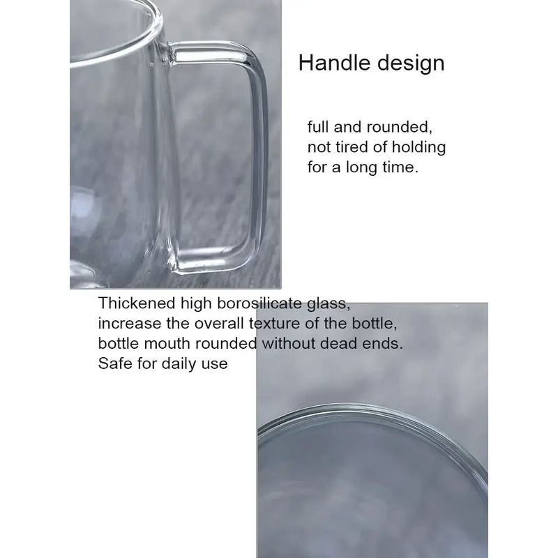 Glass mug featuring rounded handle and thick borosilicate for transparent double wall use