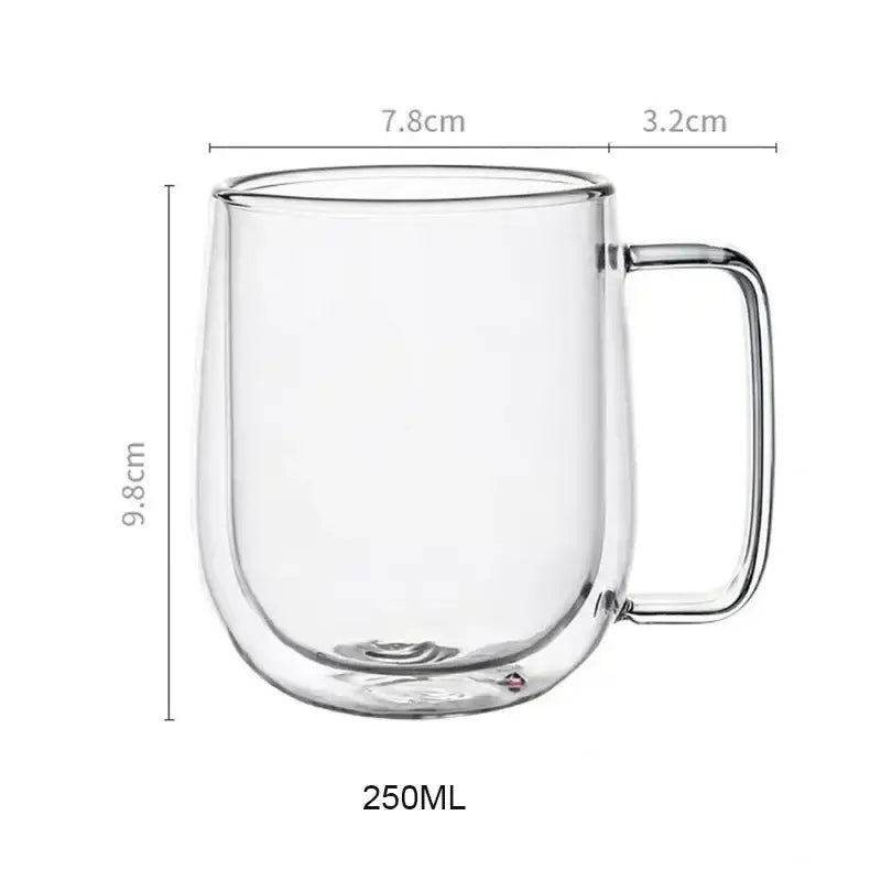 Transparent double wall glass cup with measurements for accurate hot beverage serving