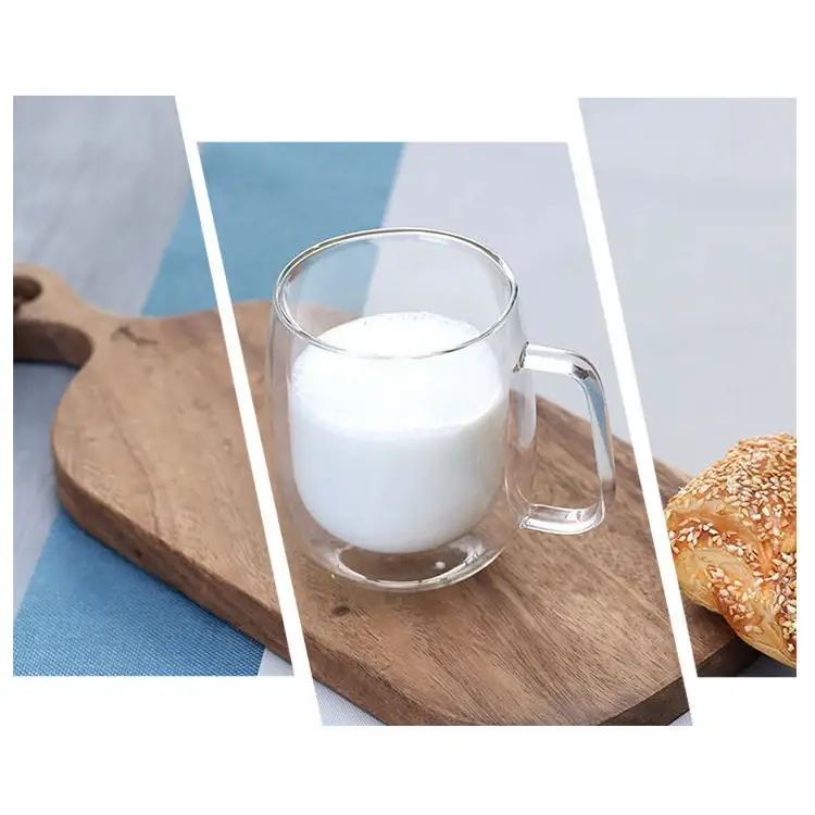 Glass mug filled with white milk on a wooden cutting board beside a double wall glass cup