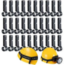 Rows of black plastic hooks above yellow safety helmets with headlamps, wholesale 20pcs plastic