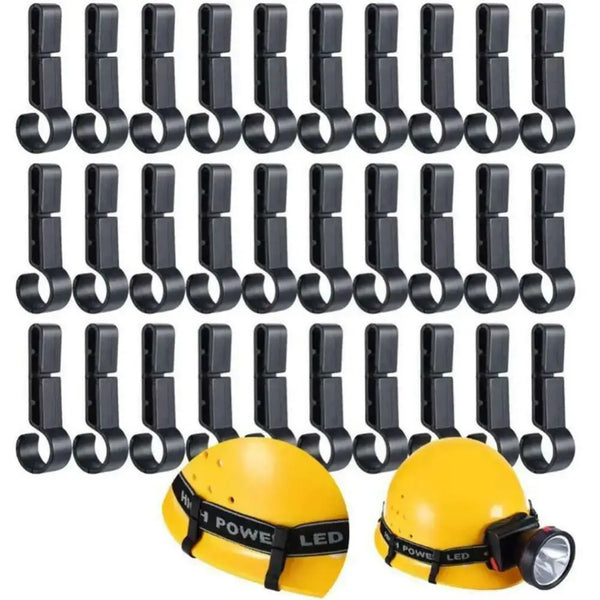 Rows of black plastic hooks above yellow safety helmets with headlamps, wholesale 20pcs plastic
