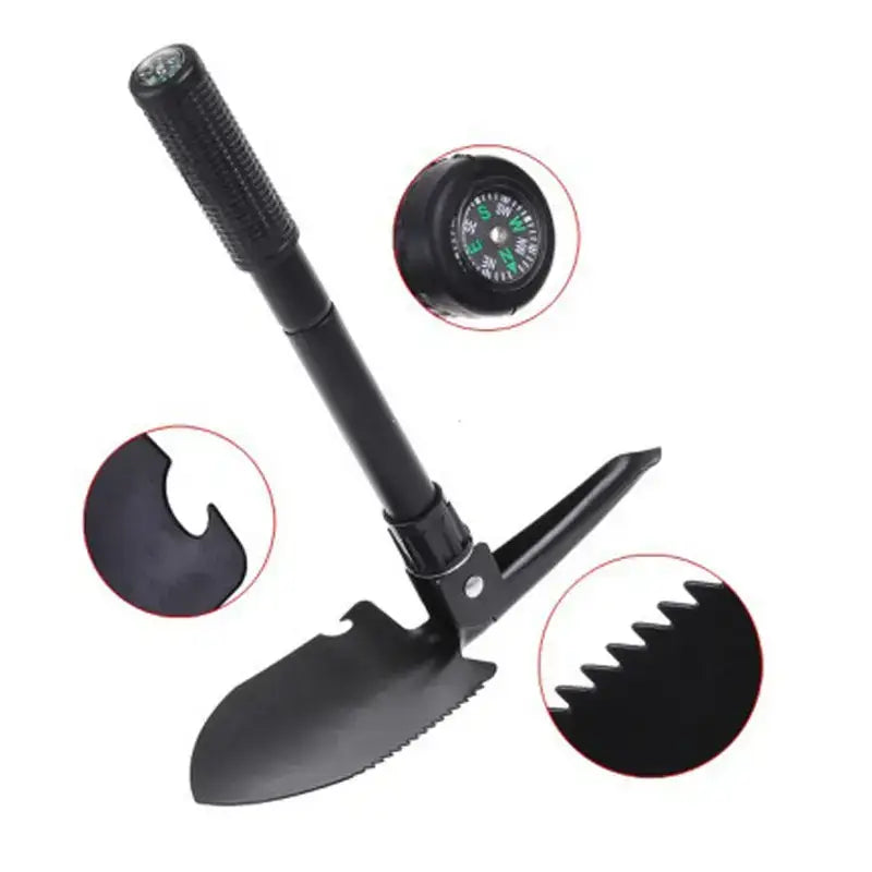 Multifunctional folding shovel with compass and serrated edge for enhanced garden tool parts