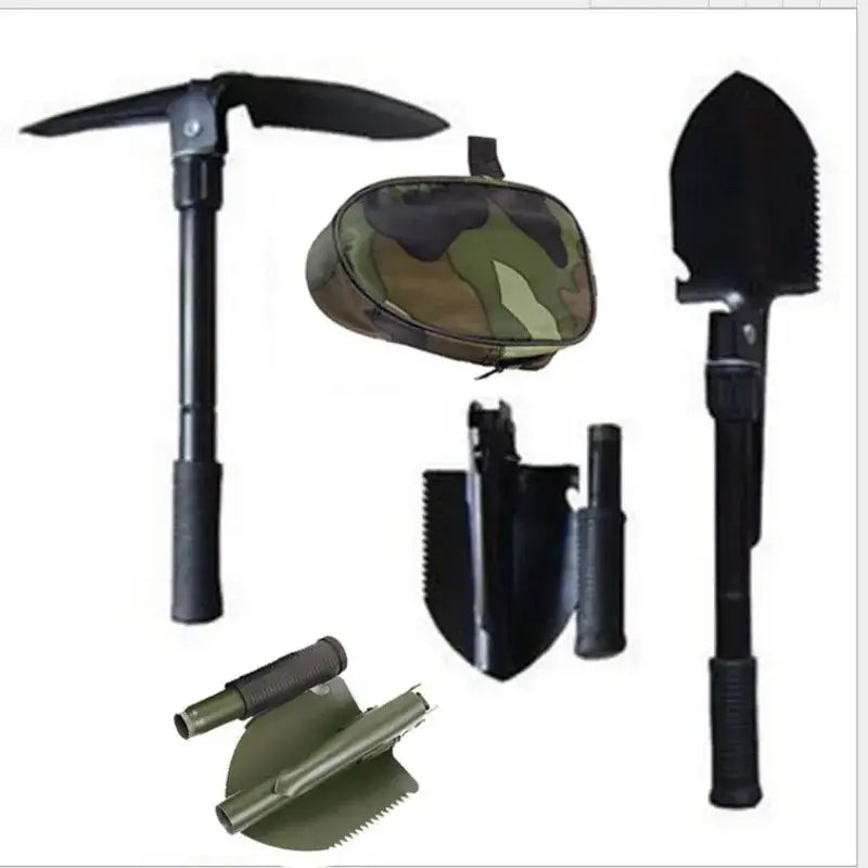 Collection of garden tool parts including alloy steel folding shovel and pickaxe