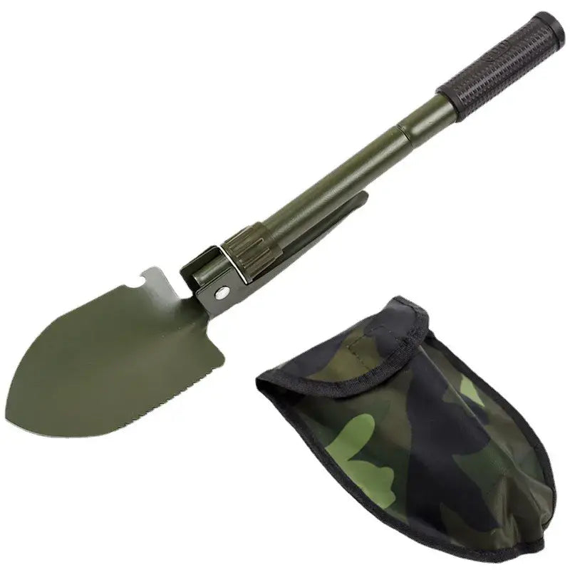 Folding military-style shovel with green metal blade, black handle, and camouflage case for garden tool parts