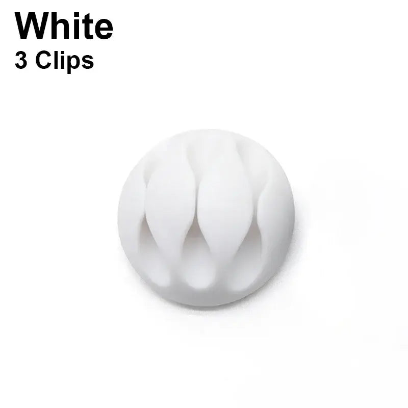 White silicone USB cable manager with petal-like indentations for organized devices