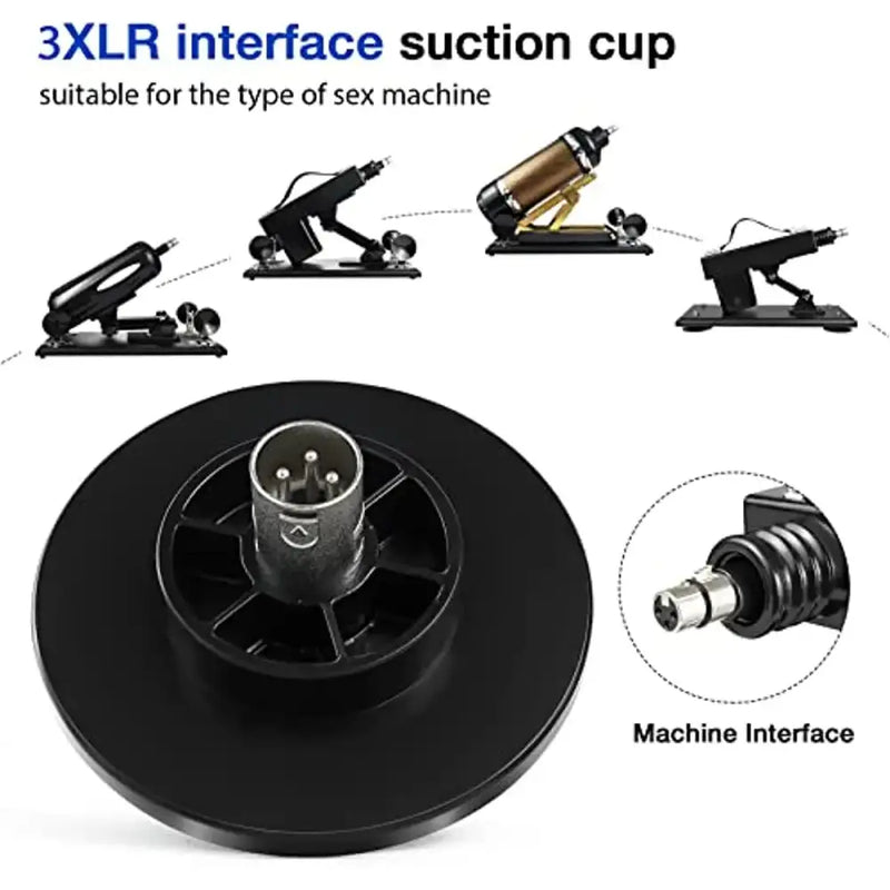 Circular black suction cup device with 3XLR connector for sex machine dildo holder