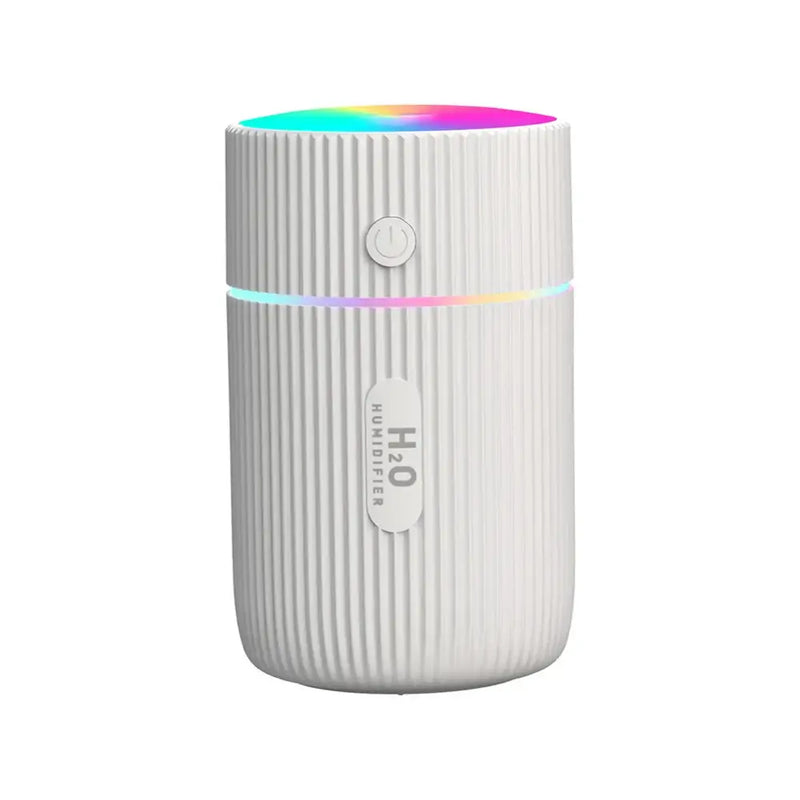 Cylindrical white USB Car Air Humidifier with colorful LED light rings and ribbed texture