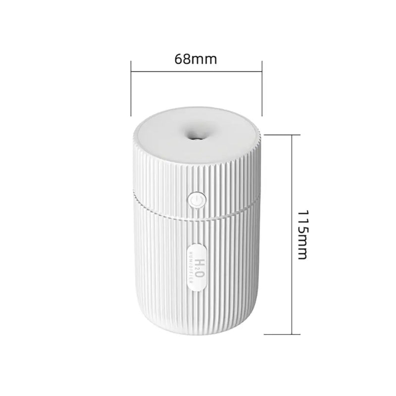 Cylindrical white car air humidifier with labeled dimensions and vertical ridges