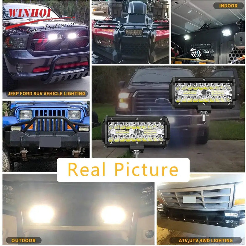 Collage of vehicle lighting products showcasing LED light bars and adjustable color temperature