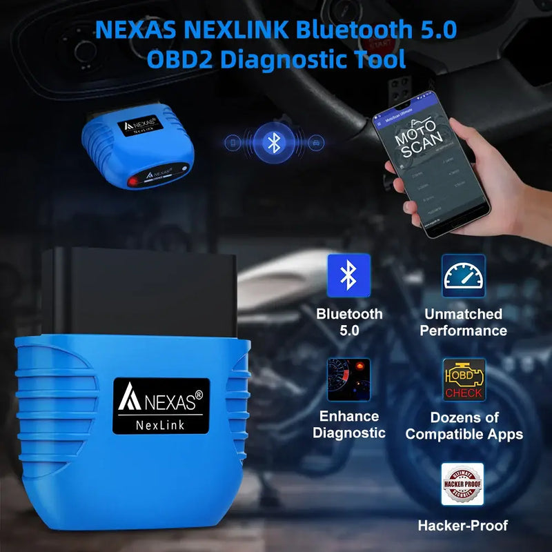 Blue NEXAS NEXLINK Bluetooth 5.0 OBD2 diagnostic tool for fuel motorcycle model compatibility