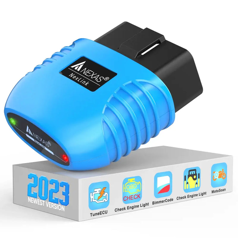 Blue and black OBD2 car diagnostic scanner for Fuel Motorcycle models with app icons