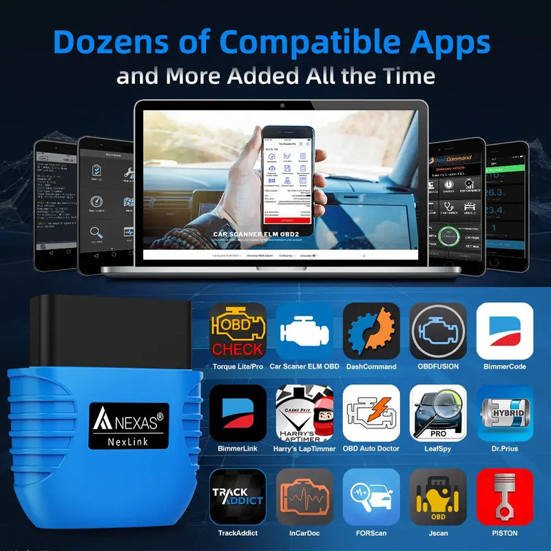 Blue automotive diagnostic scanner for Fuel Motorcycle model compatibility with app icons