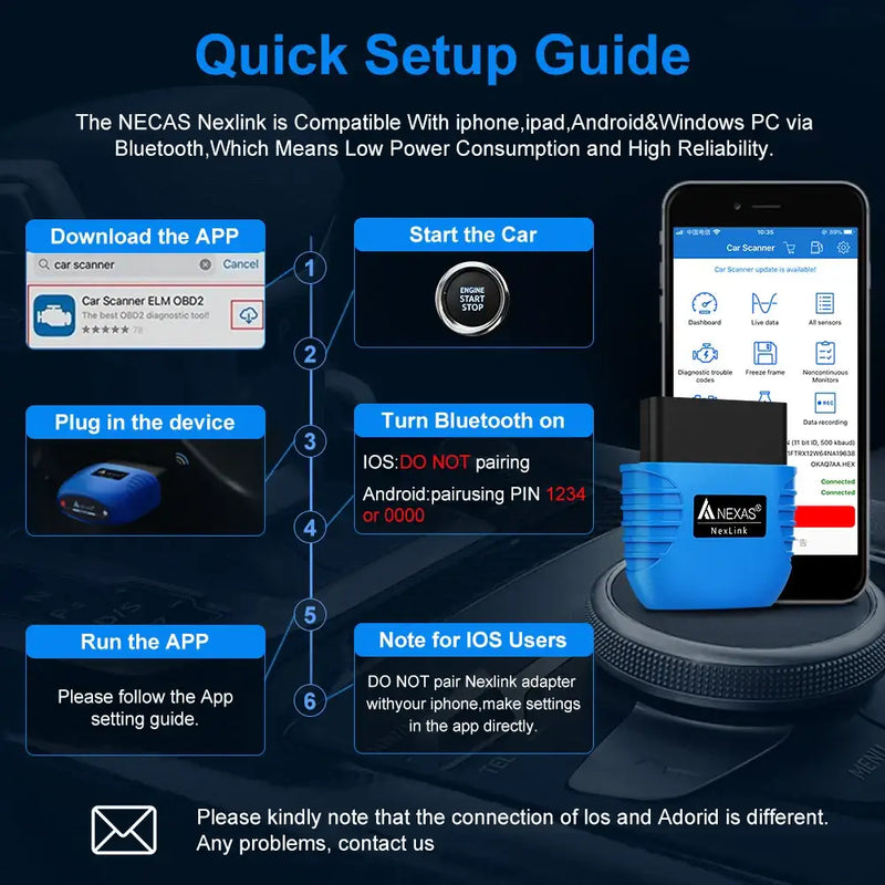 Quick setup guide for NECAS Nexlink compatible with various Fuel Motorcycle models