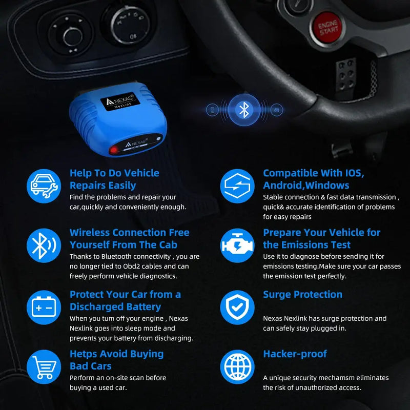 Blue Bluetooth vehicle diagnostic scanner for Fuel Motorcycle Model compatibility