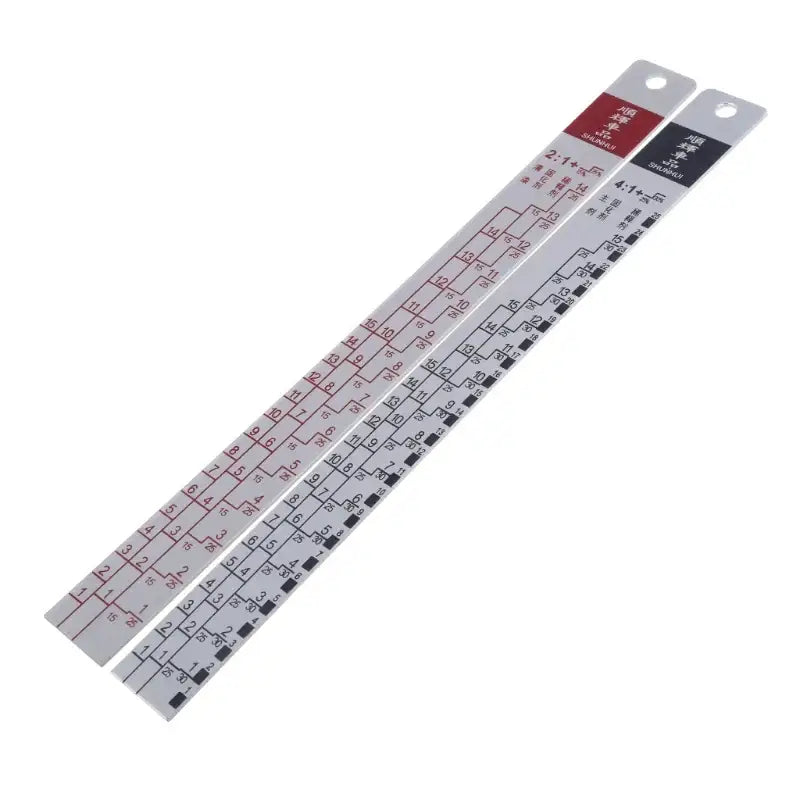 Pair of plastic rulers with metric and imperial measurements from OOTDTY Model Number AAA AA