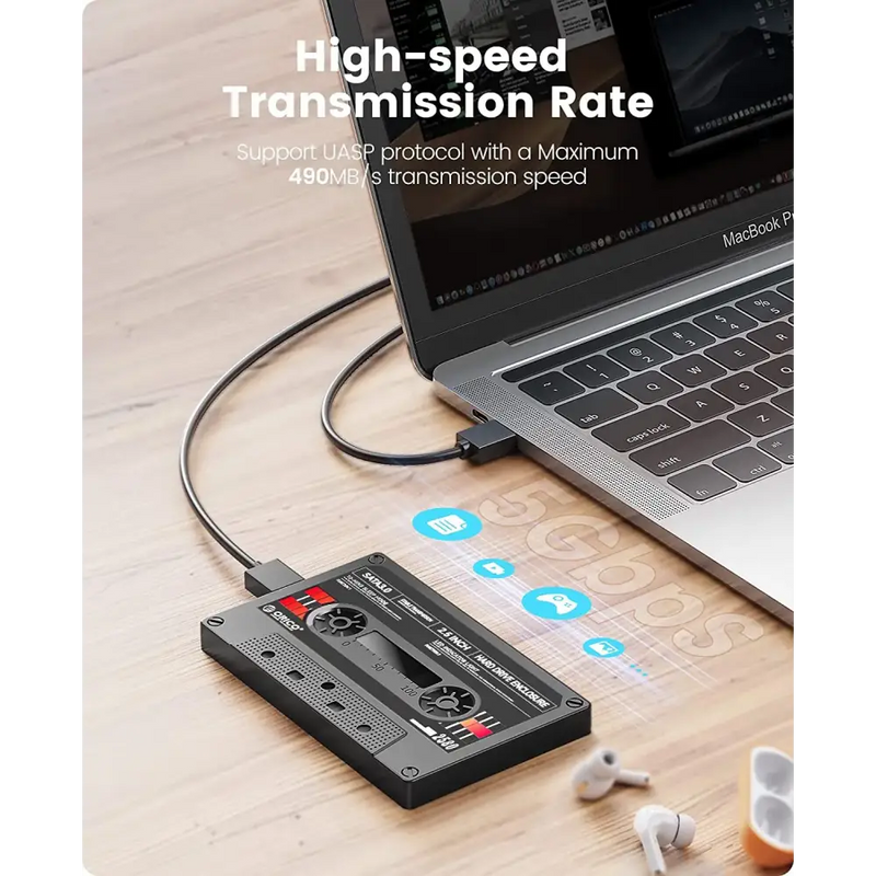 Cassette-shaped USB hub connected to a laptop with ORICO 2.5 Inch HDD enclosure