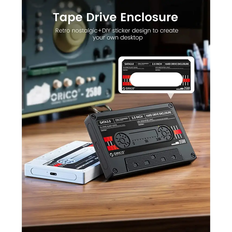 Cassette tape-shaped external hard drive enclosure for 2.5’’ HDD with USB connectivity