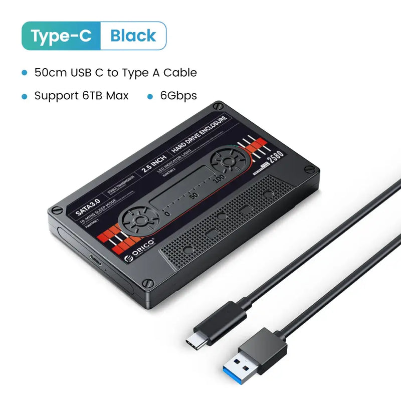 Cassette-shaped ORICO 2.5 Inch External Hard Drive Enclosure with USB-C connectivity