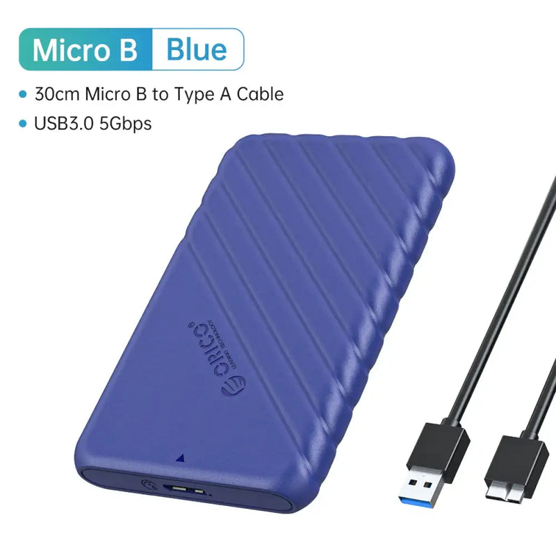 Blue portable external hard drive with textured surface in Orico 25PW1-U3-BK package