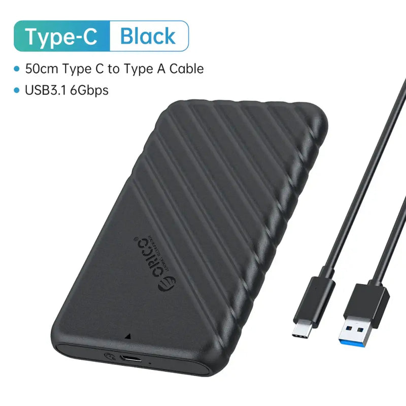 Portable external hard drive in textured black casing, compatible with 25PW1-U3-BK package