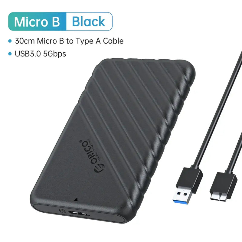 Portable external hard drive in textured black casing with USB cable and 25PW1-U3-BK package