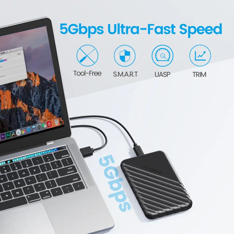 Portable external SSD connected to laptop showcasing 25PW1-U3-BK package from China