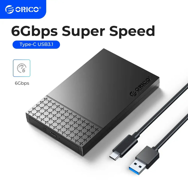 External hard drive in Orico case from Mainland China with USB-C and USB-A cables attached