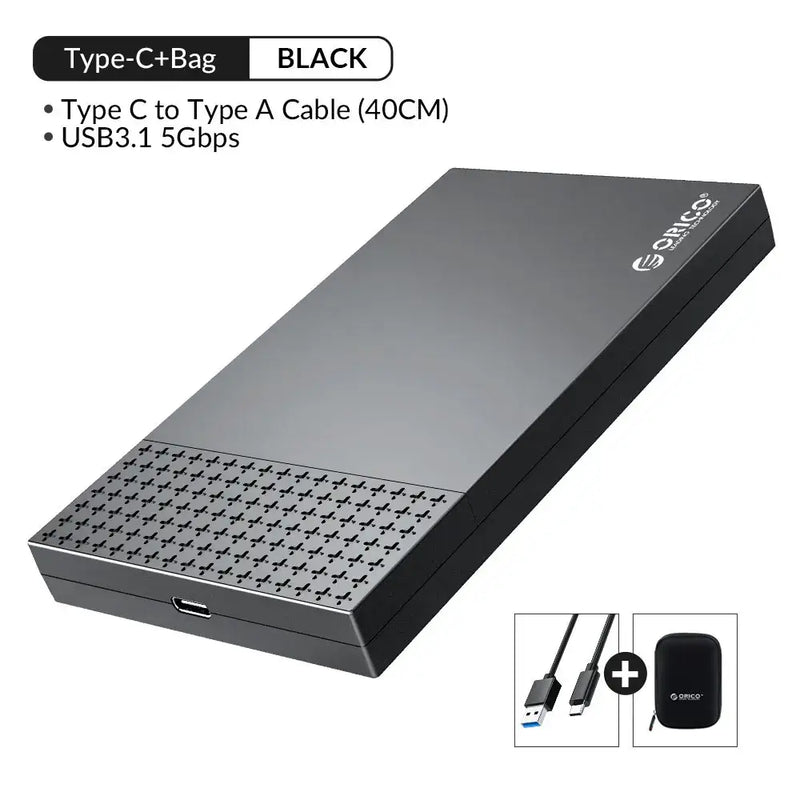 Portable external hard drive in Orico USB Mainland China case with textured and smooth surfaces