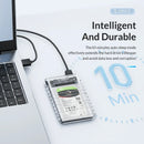 External hard drive in a transparent mainland China case connected to a laptop