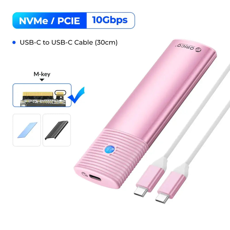 Pink cylindrical ORICO M2 SSD enclosure NVMe for high-speed 10Gbps data transfer