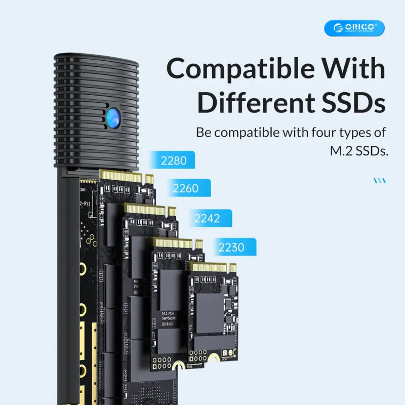 External SSD enclosure compatible with multiple M.2 SSD sizes for 10Gbps data transfer