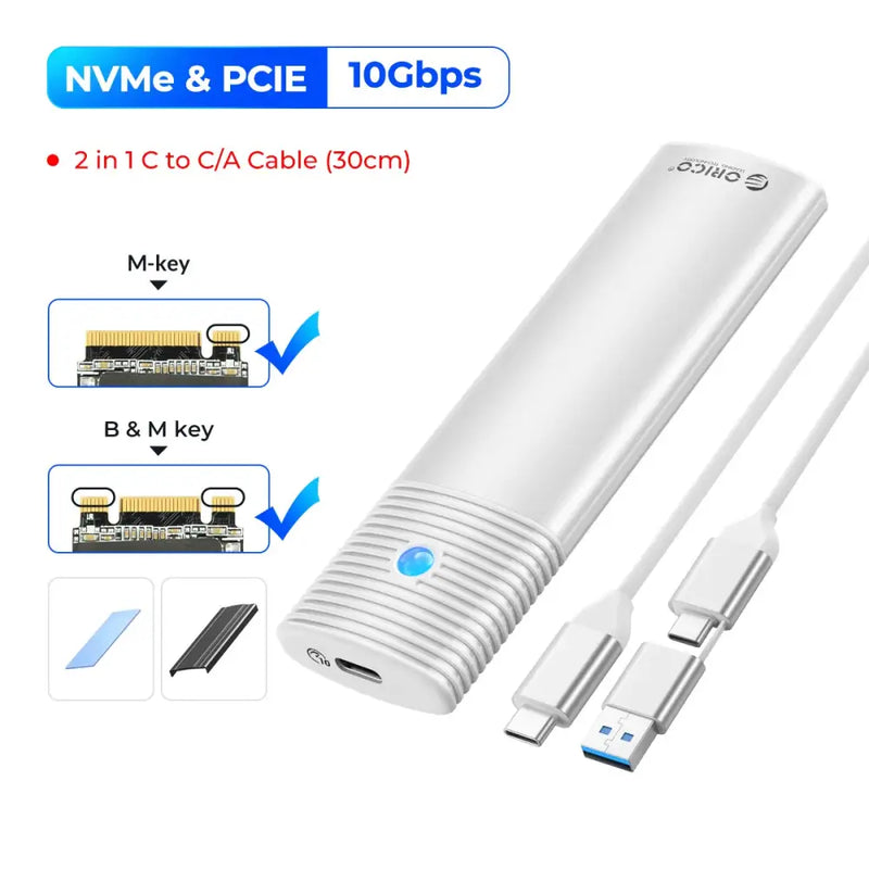 Portable ORICO M2 SSD Enclosure for NVMe NGFF with USB-C and USB-A cables for 10Gbps transfer