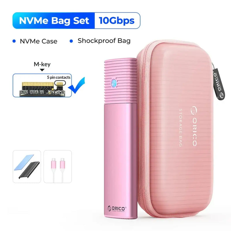 Pink ORICO M2 SSD enclosure NVMe for high-speed data transfer with protective case