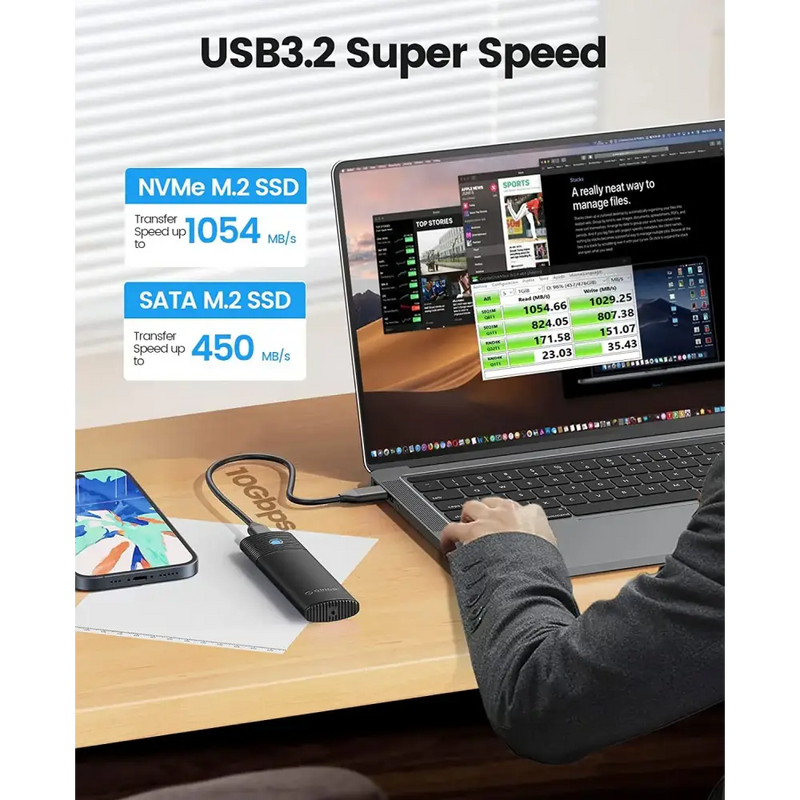 USB 3.2 external SSD drive connected to laptop, ORICO M2 SSD Enclosure for NVMe data transfer