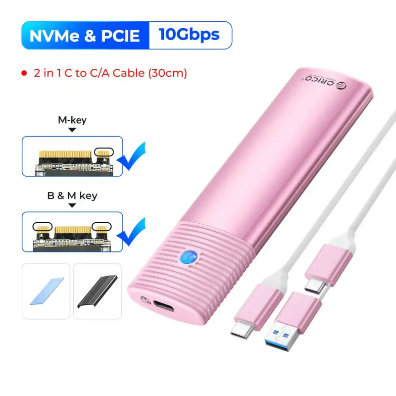 Pink ORICO M2 SSD enclosure for high-speed data transfer with NVMe and USB-C cable