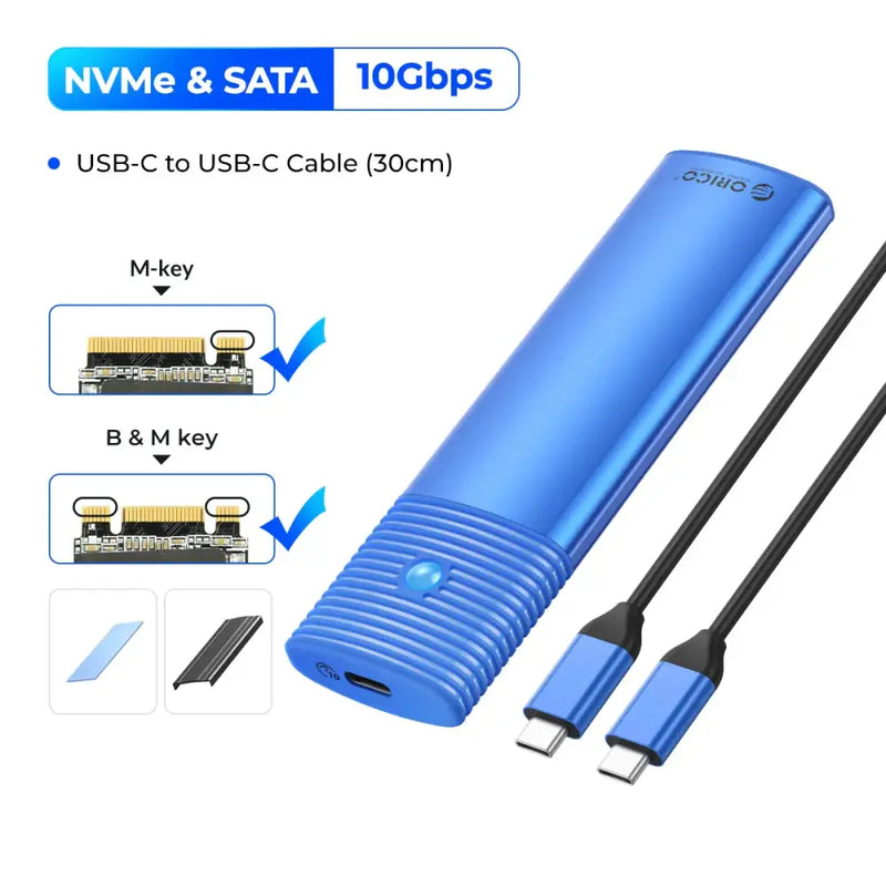 Blue ORICO M2 SSD Enclosure NVMe with USB-C for 10Gbps data transfer solutions